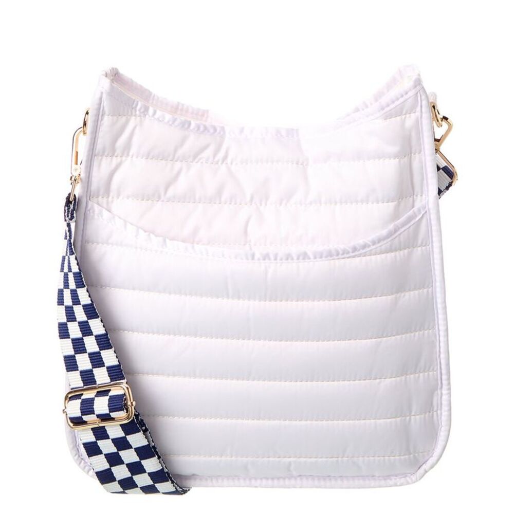 White Quilted Travel Crossbody Bag with Navy Check Strap